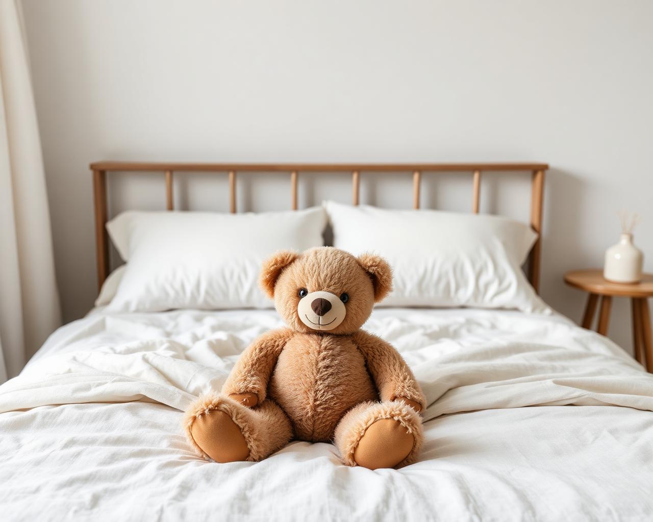 Bobo plushie sitting on a linen bed